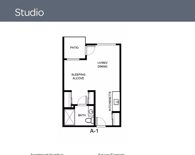 Floor plan of a studio apartment labeled A-1 showing a patio, living/dining area, sleeping alcove, kitchenette, and bathroom.