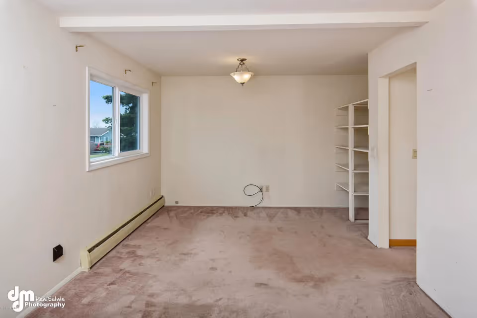Empty room with beige carpet, white walls, a window on the left side showing an outdoor view, a ceiling light fixture, and built-in white shelves on the right side.