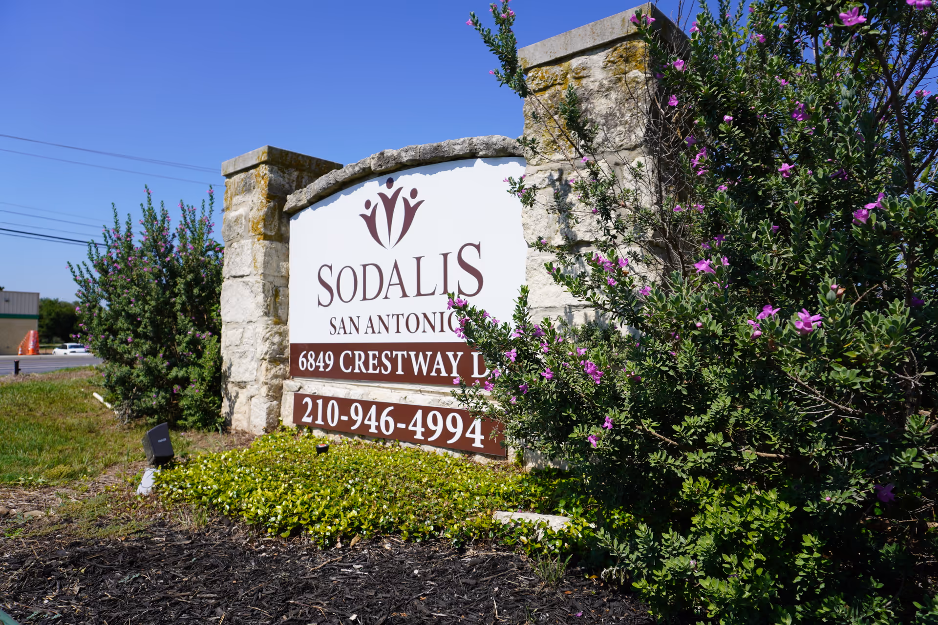 Stone sign for Sodalis San Antonio with address 6849 Crestway Dr and phone number 210-946-4994, surrounded by green bushes and purple flowers under a clear blue sky.