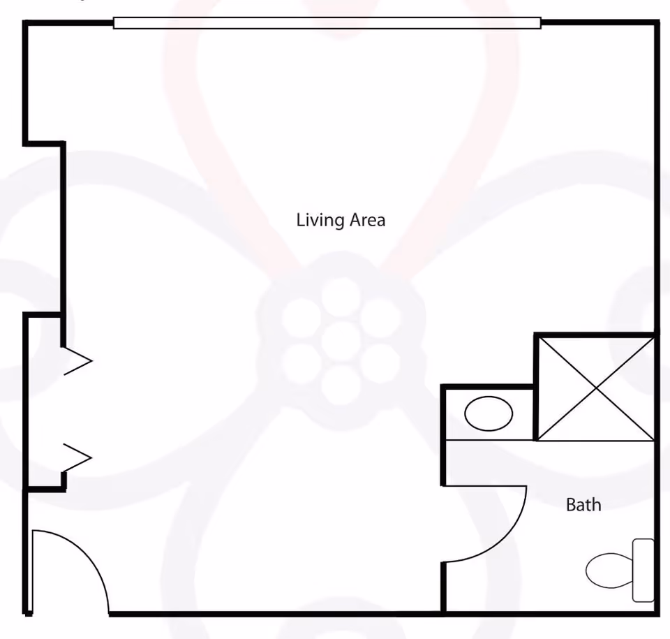 Floor plan layout showing a living area and a bathroom with a shower, sink, and toilet.