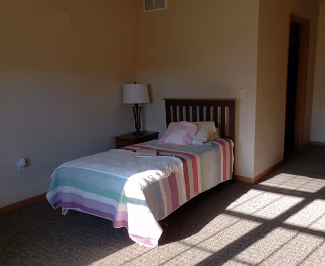 Sunlit bedroom with a single bed dressed in a pastel striped quilt, a nightstand with a lamp, and sunlight on the carpet.
