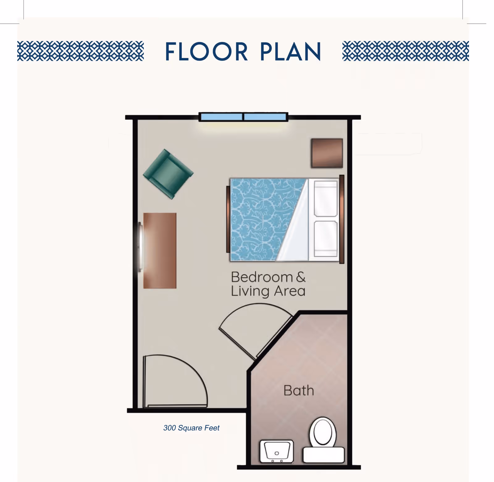 Floor plan of a 300 square feet unit at New Haven Kerrville showing a combined bedroom and living area with a bed, armchair, TV stand, and side table. There is a separate bathroom with a sink and toilet.