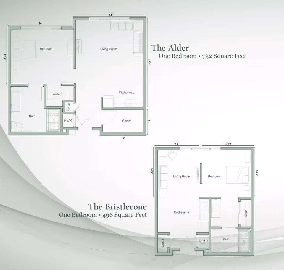 Floor plans for two one-bedroom apartments at Legacy Village of Castle Pines. The Alder is 732 square feet with a bedroom, living room, kitchenette, bath, HVAC, and closets. The Bristlecone is 496 square feet with a bedroom, living room, kitchenette, bath, HVAC, and closets. Dimensions are marked on each room.