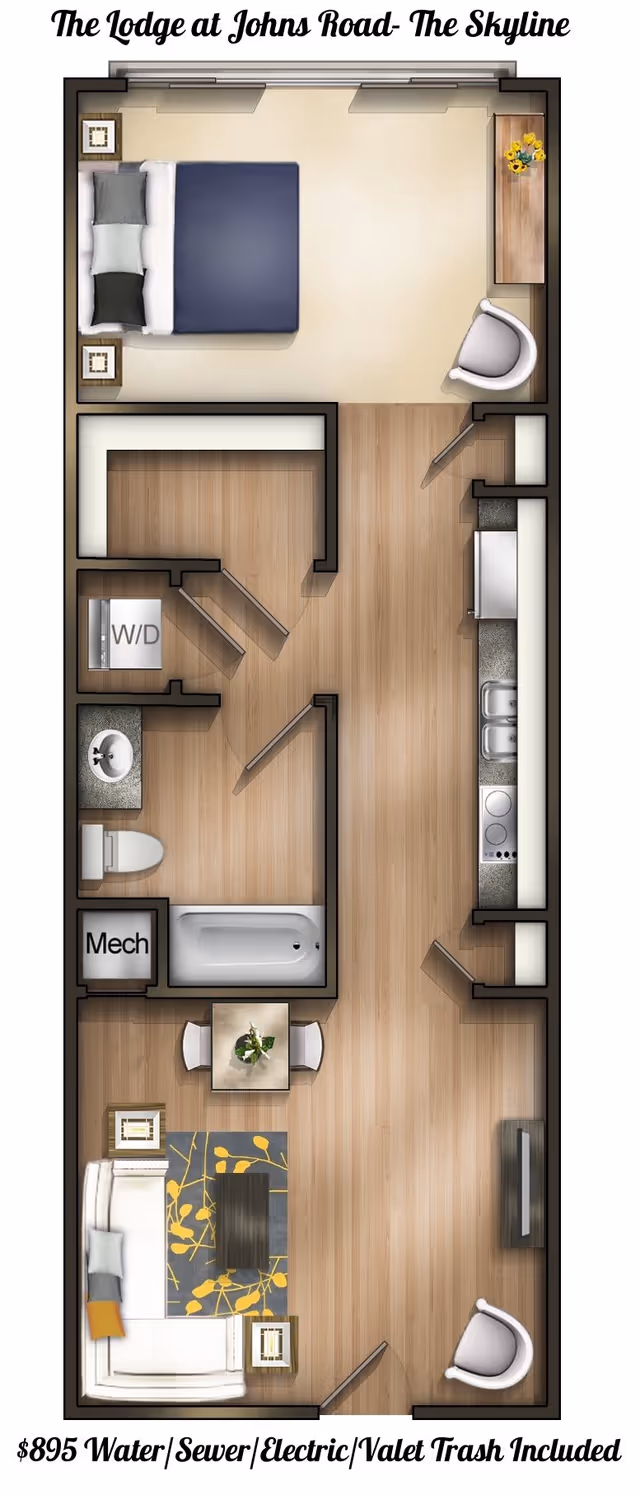 Floor plan of a one-bedroom apartment at The Lodge at Johns Road named The Skyline, showing a bedroom with a bed and nightstands, a bathroom with a bathtub, toilet, and sink, a kitchen area with appliances and a sink, a living room with a sofa, coffee table, and TV, and a small dining area with a table and two chairs. There is also a washer/dryer and mechanical room.