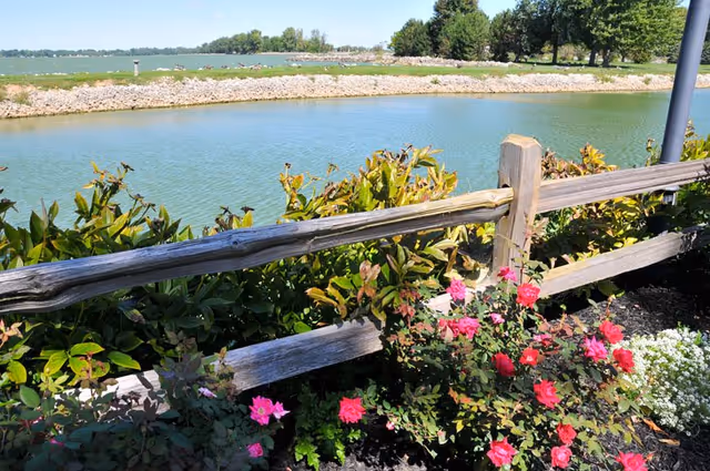 A scenic outdoor view featuring a wooden fence in the foreground with blooming pink and red flowers and green shrubs. Beyond the fence is a calm body of water with a rocky shoreline and trees in the background under a clear blue sky.