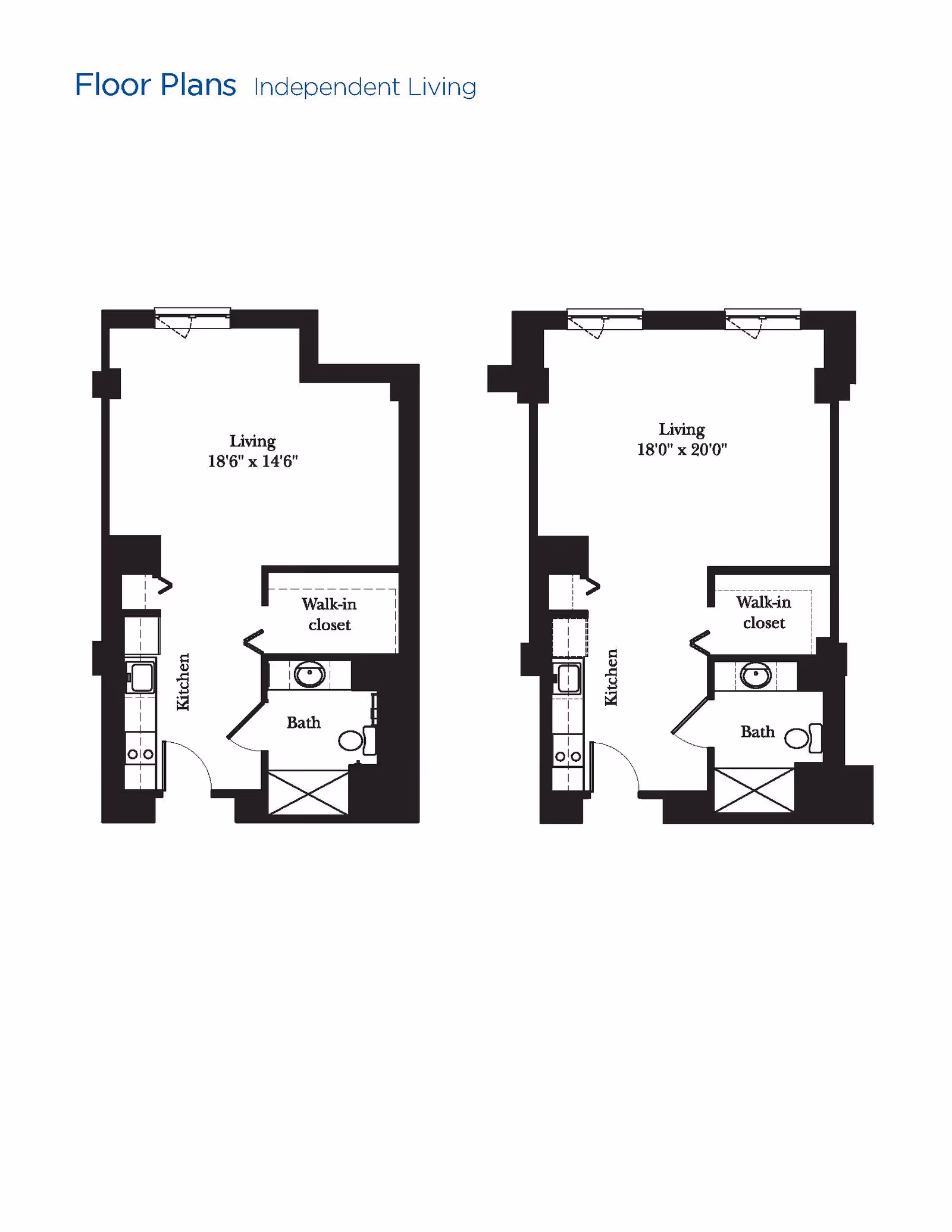Two floor plans for independent living units at Brookdale Creve Coeur, each showing a living area, kitchen, walk-in closet, and bathroom with dimensions for the living spaces.