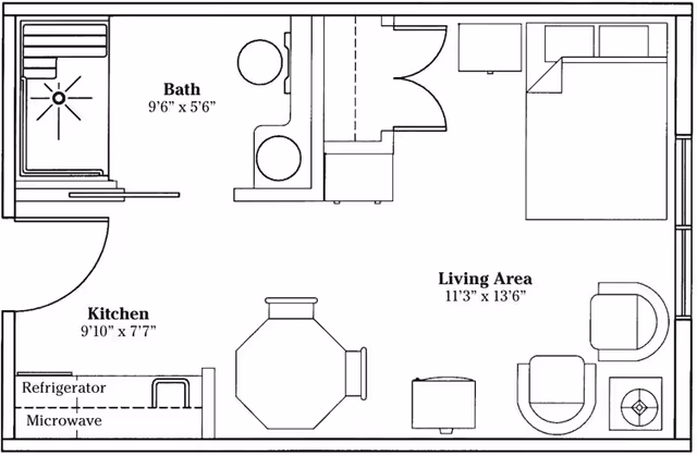 Floor plan of a senior living unit at The Madison Senior Living Community showing a kitchen area with refrigerator and microwave, a bathroom with shower and sink, a living area with seating and a bed.