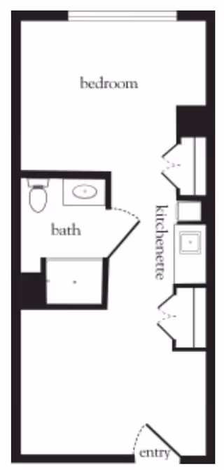 Floor plan layout showing a studio apartment with a bedroom area, a bathroom with a toilet and sink, a kitchenette, and an entry door.