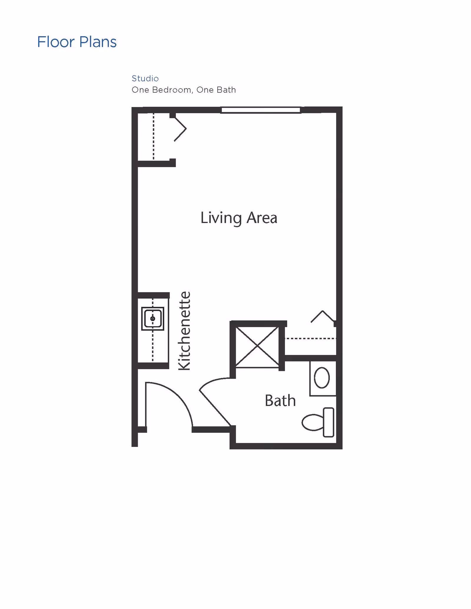 Floor plan of a studio apartment with one bedroom and one bath, showing a living area, kitchenette, and bathroom layout.