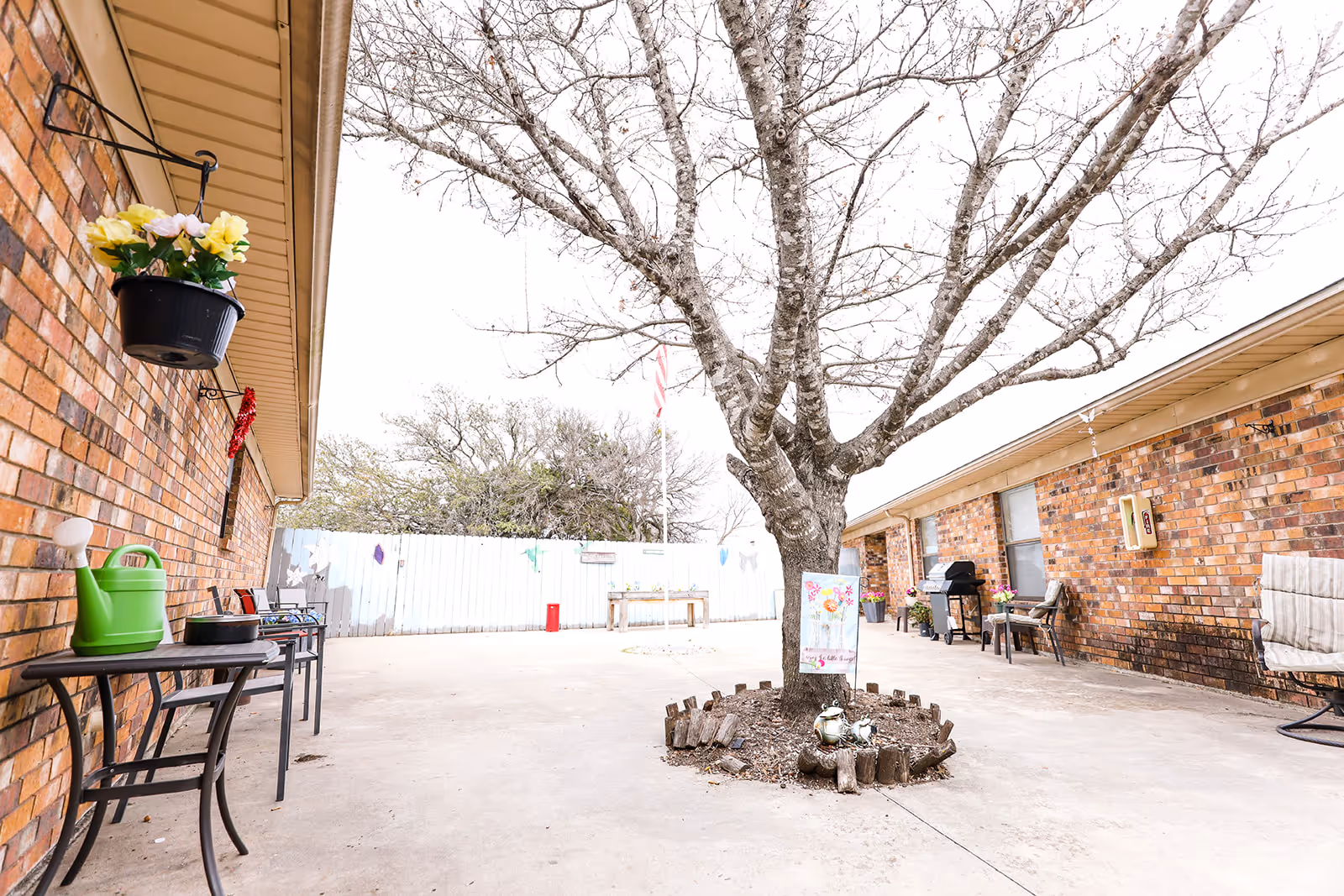Brick-walled outdoor courtyard with a large leafless tree in the center, tables, chairs, potted plants, and a concrete patio.