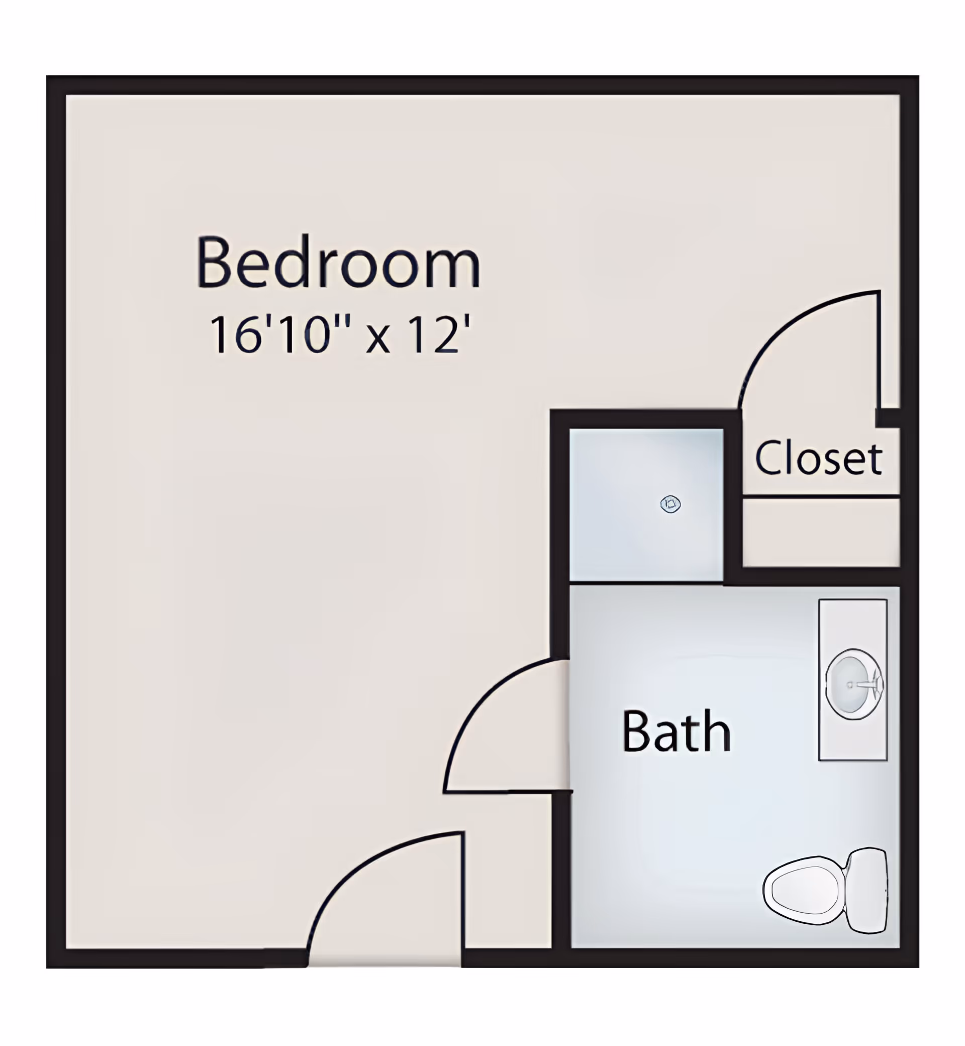 Floor plan of a 16'10" x 12' bedroom with an adjacent bath and closet.