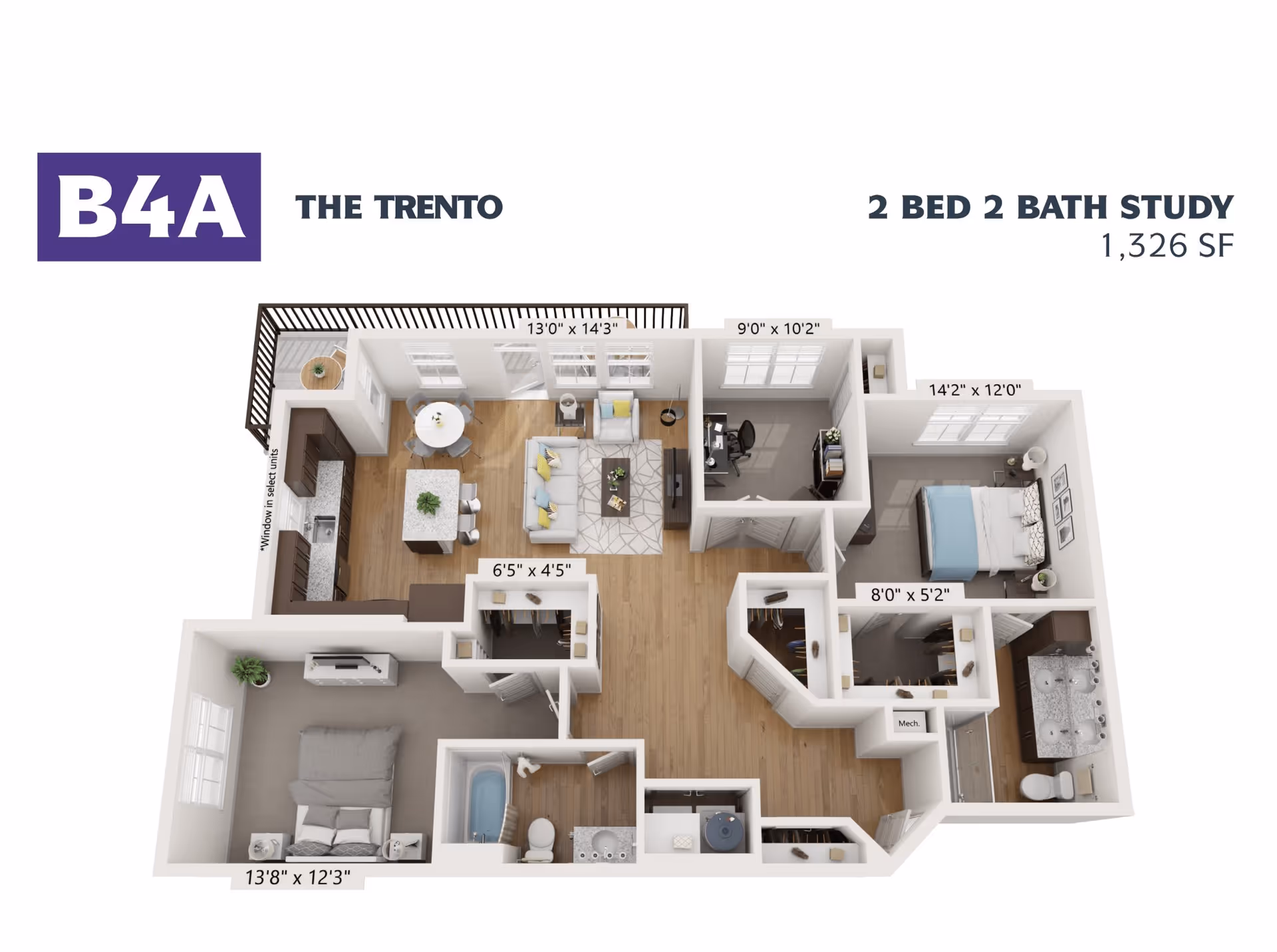 3D floor plan of an apartment named The Trento, layout B4A, featuring 2 bedrooms, 2 bathrooms, and a study, covering 1,326 square feet. The plan shows a kitchen with an island and dining area, a living room, two bedrooms with closets, two bathrooms, a study with a desk, and a balcony.