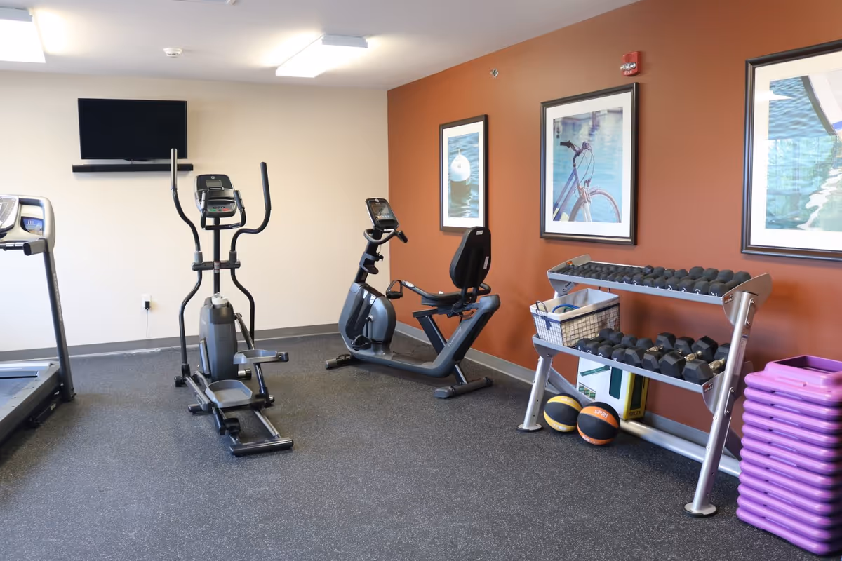 A small fitness room with exercise equipment including a treadmill, elliptical machine, and recumbent bike. There is a rack of dumbbells, two medicine balls on the floor, and a stack of purple aerobic steps. The walls are painted beige and brown, with three framed pictures hanging on the brown wall. A flat-screen TV is mounted on the beige wall.