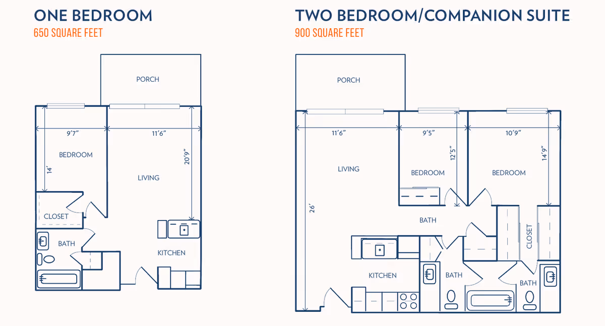 Architectural floor plans for two types of residential units at Viewpointe. The left plan shows a one-bedroom unit with 650 square feet including a porch, bedroom, closet, bathroom, kitchen, and living area. The right plan shows a two-bedroom/companion suite with 900 square feet including a porch, two bedrooms, closets, two bathrooms, kitchen, and living area.