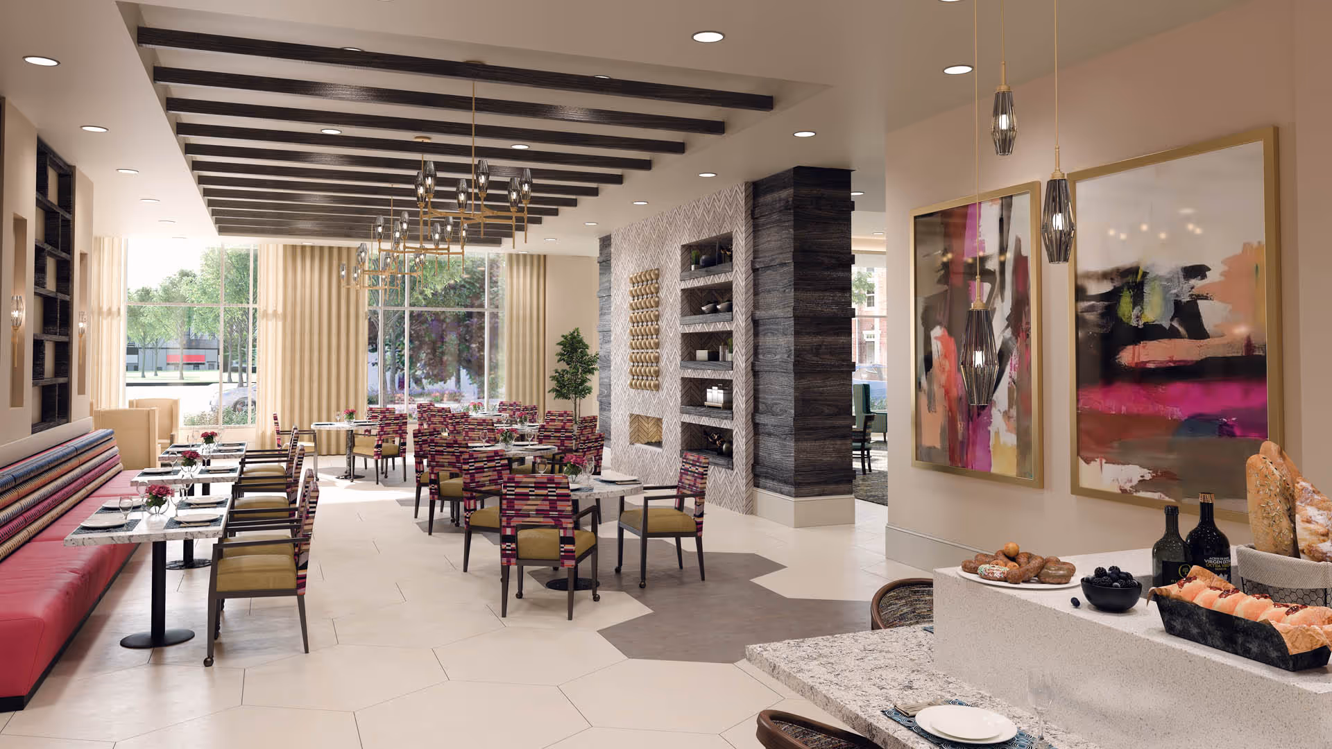 Bright modern dining room with tables and patterned chairs, banquette seating along one wall, large windows, decorative artwork, and a buffet counter with bread and wine.