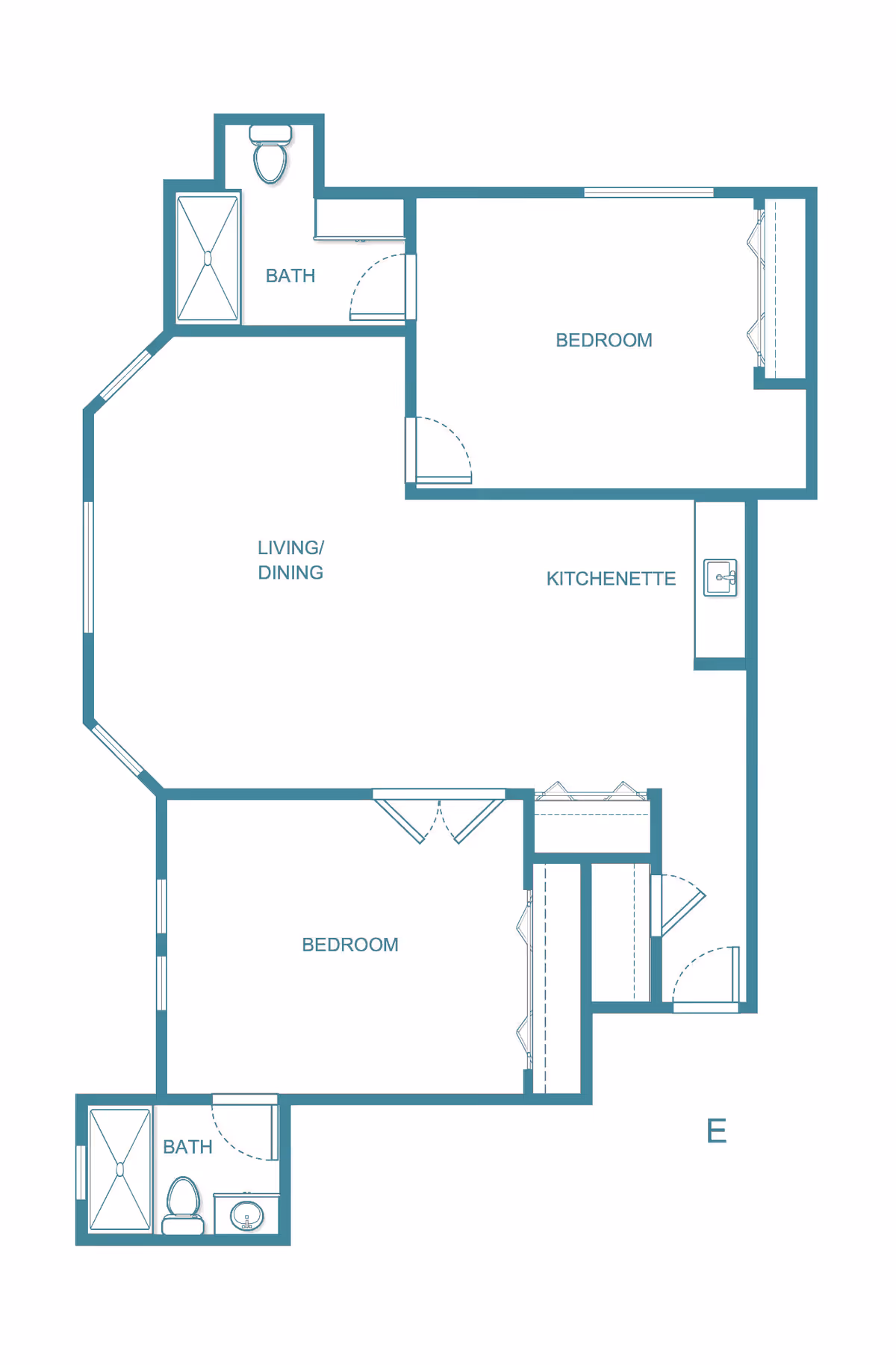 Architectural floor plan of a senior living apartment at Camelot - A Provincial Senior Living Community, showing two bedrooms, two bathrooms, a living/dining area, and a kitchenette.