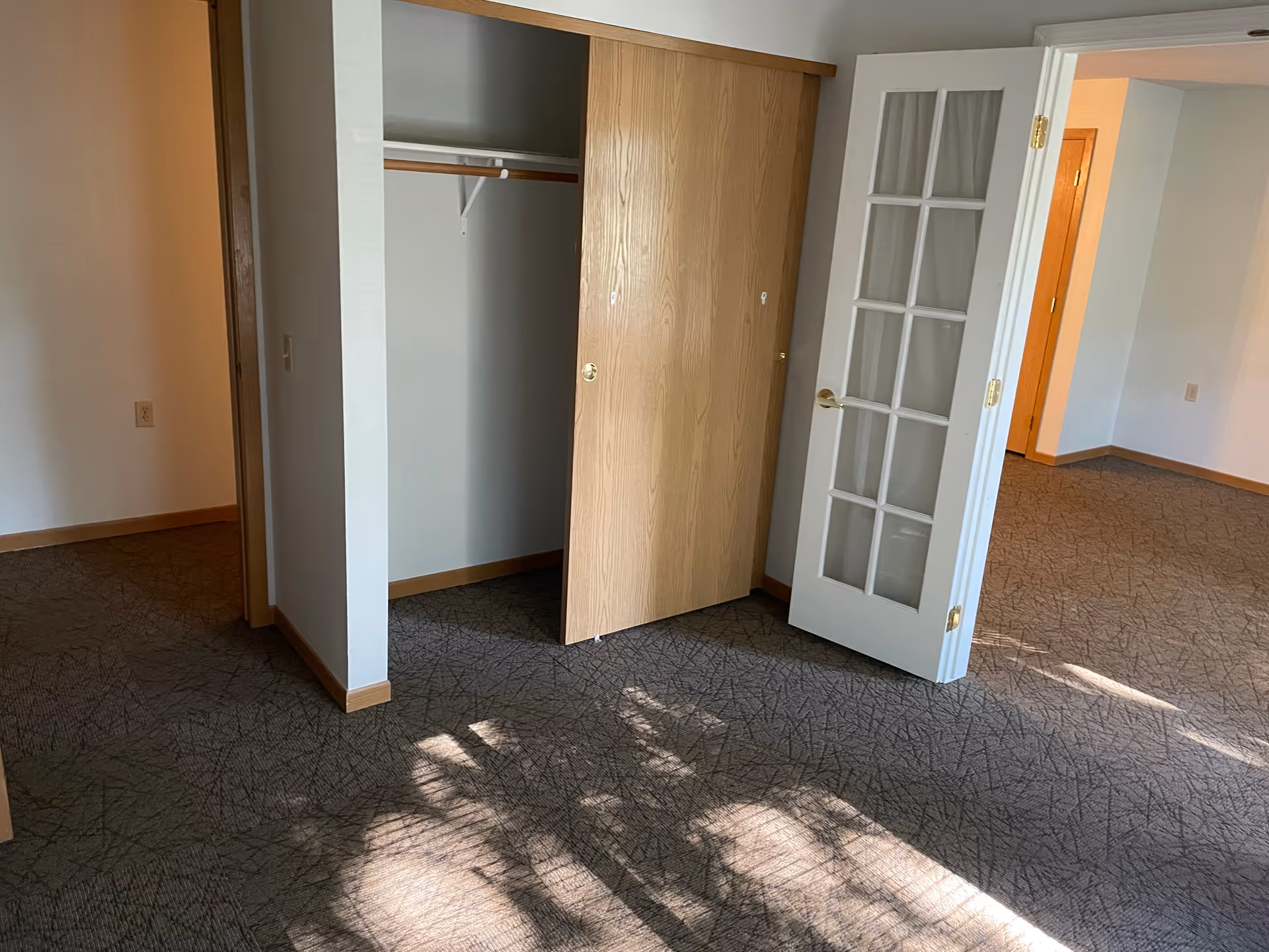 Empty carpeted bedroom area with an open closet and a white French door letting sunlight cast shadows on the floor.