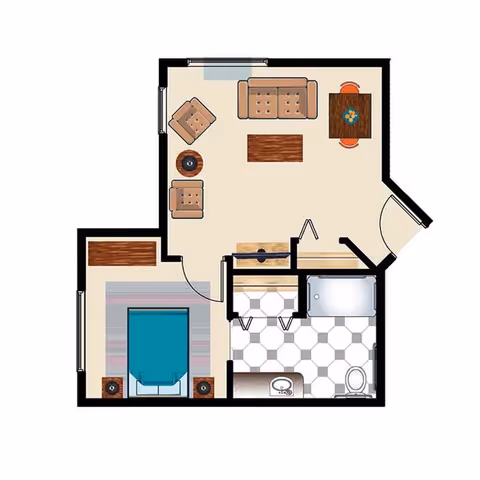 Floor plan of a small apartment unit showing a living room with sofa, two chairs, coffee table, and dining table with two chairs. Adjacent bedroom with a bed and two nightstands. Bathroom with a bathtub, toilet, and sink. Entry door opens into the living room.