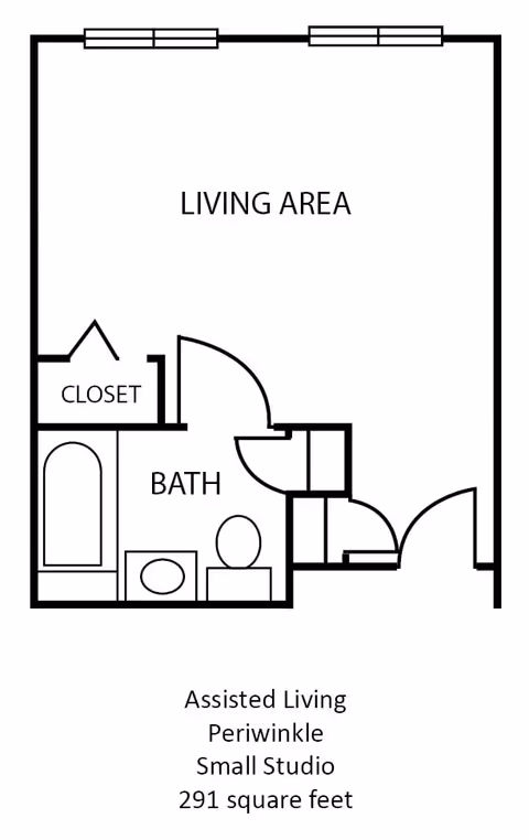Floor plan of a small studio assisted living unit named Periwinkle at The Waterford at Corpus Christi, showing a living area, a closet, and a bathroom with a bathtub, toilet, and sink. The total area is 291 square feet.