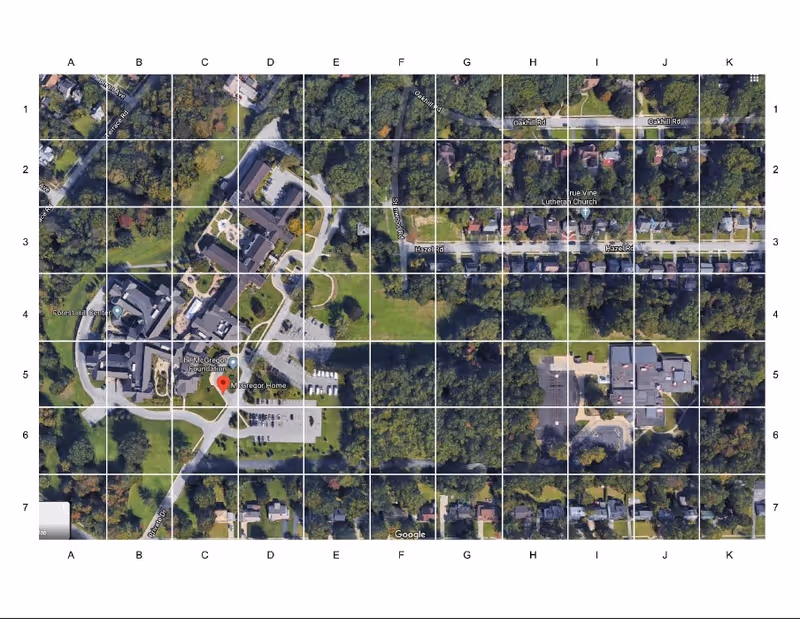 Aerial satellite view of McGregor Assisted Living facility and surrounding neighborhood, showing buildings, parking lots, roads, and green areas with trees.