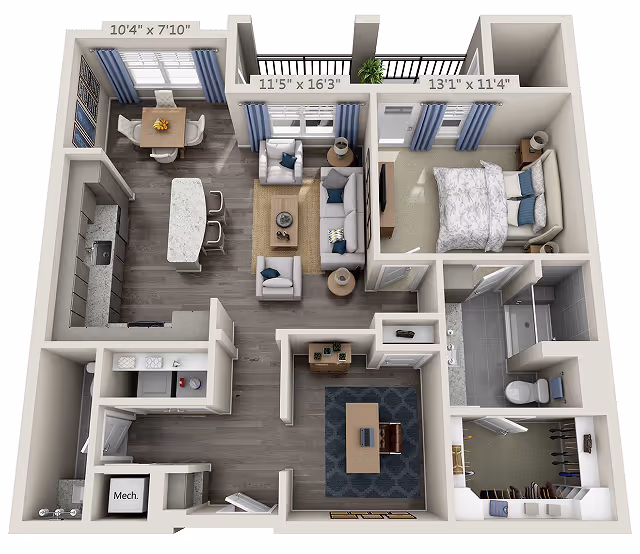 3D floor plan of a one-bedroom apartment featuring a kitchen with an island and dining area, a living room with sofa and chairs, a bedroom with a bed and nightstands, a bathroom with a shower and toilet, a walk-in closet, and an additional room with a desk and chair. The layout includes measurements for the dining area, living room, and bedroom.
