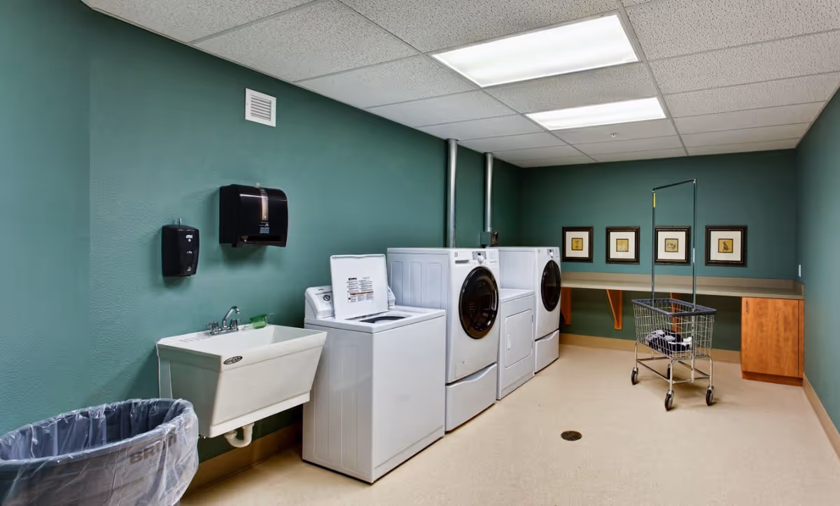 Laundry room with washers and dryers, a utility sink, folding counter, and a laundry cart against green walls.