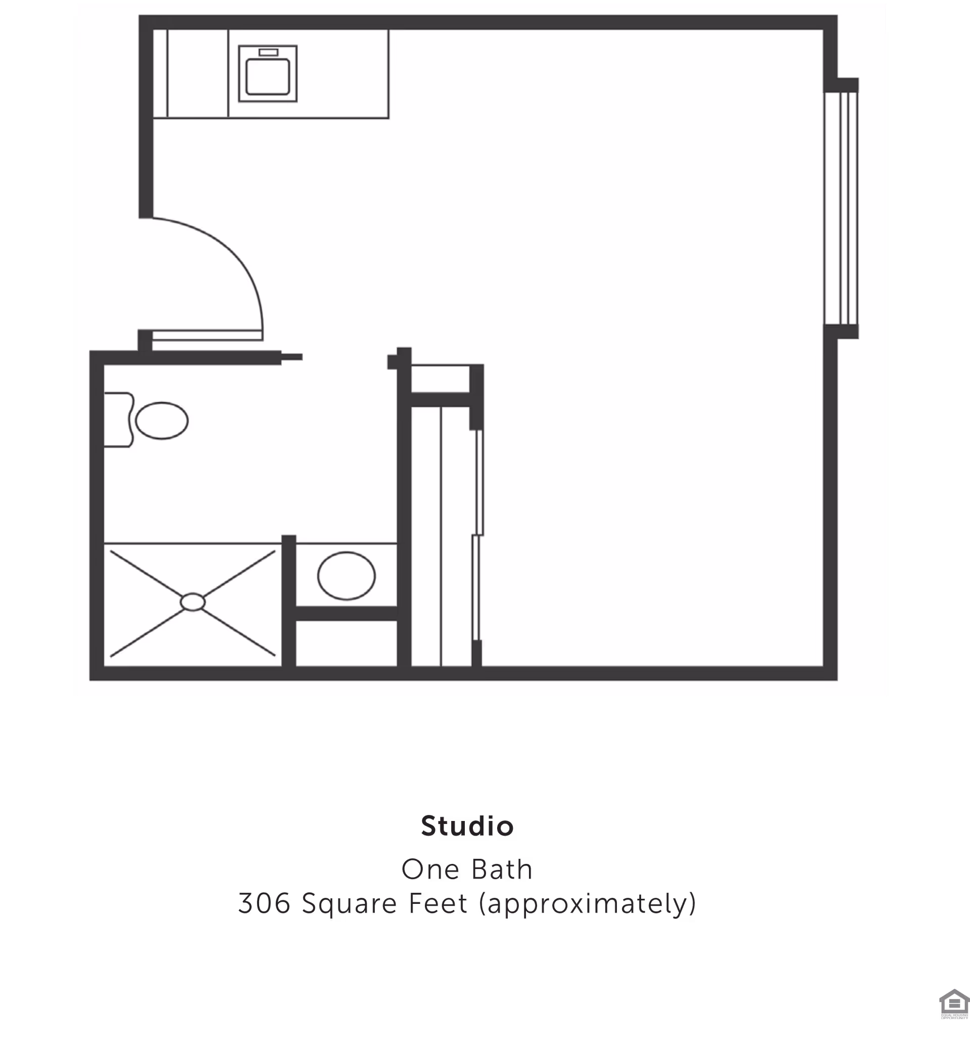 Floor plan of a studio apartment with one bathroom and a kitchenette area. The layout shows a main living space, a bathroom with a toilet and shower, and a small kitchen sink area. The total area is approximately 306 square feet.