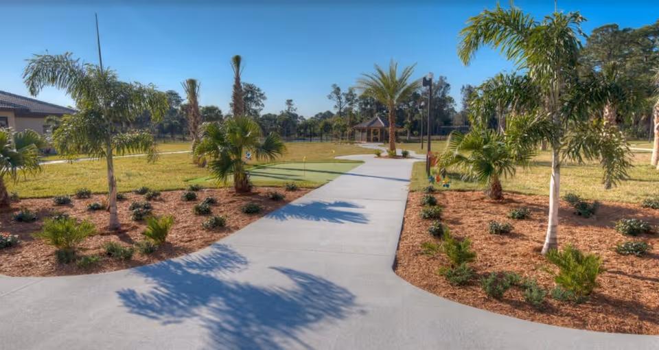 Concrete walkway through landscaped grounds lined with palm trees and a gazebo in the background.