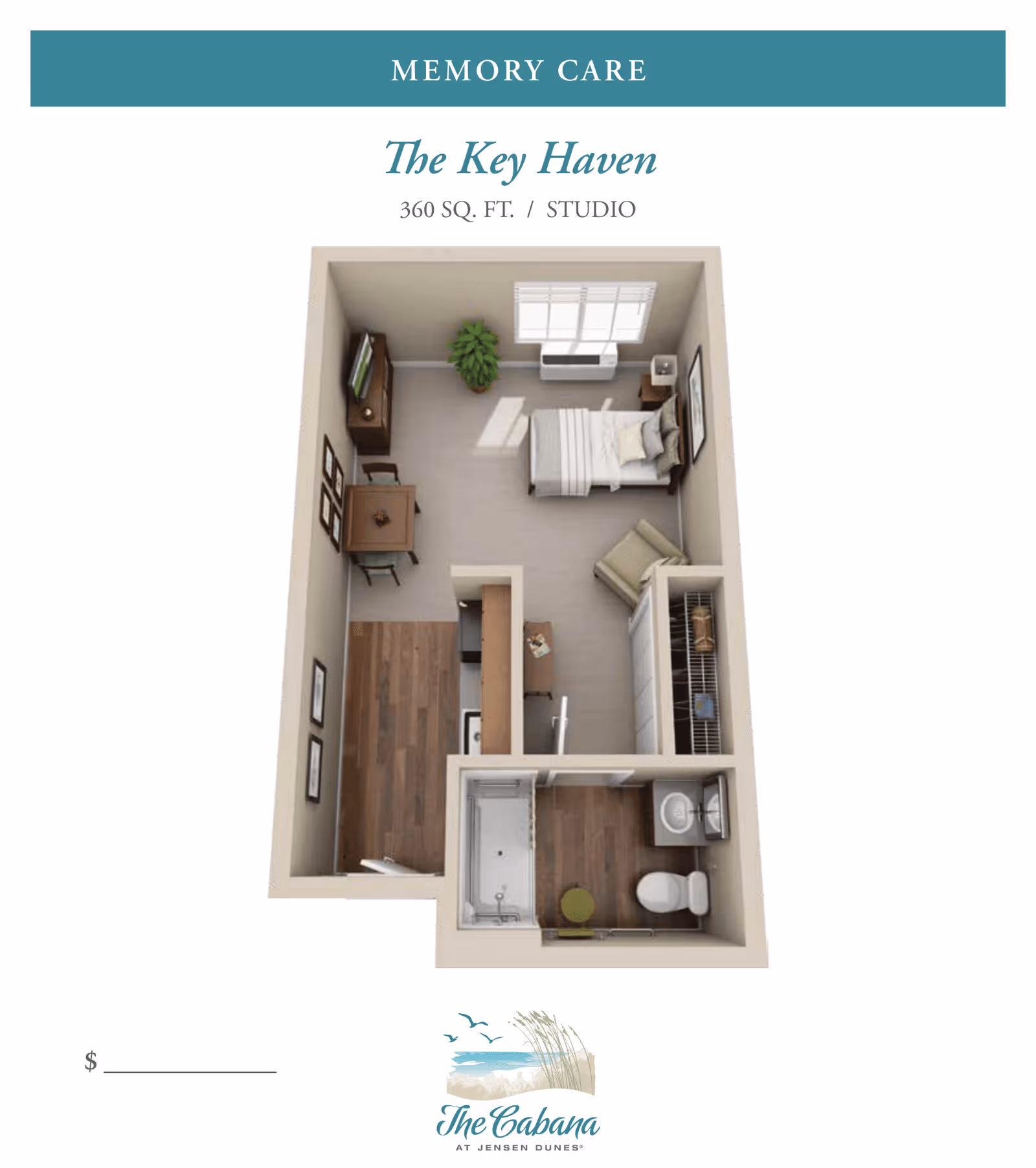Floor plan of a 360 square feet studio apartment named The Key Haven for memory care at The Cabana at Jensen Dunes, showing a combined living and sleeping area with a bed, armchair, TV, small dining table with two chairs, kitchenette, closet, and a bathroom with a shower, toilet, and sink.