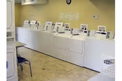 Interior laundry room with a row of white washers and dryers along a yellow wall and tiled floor.