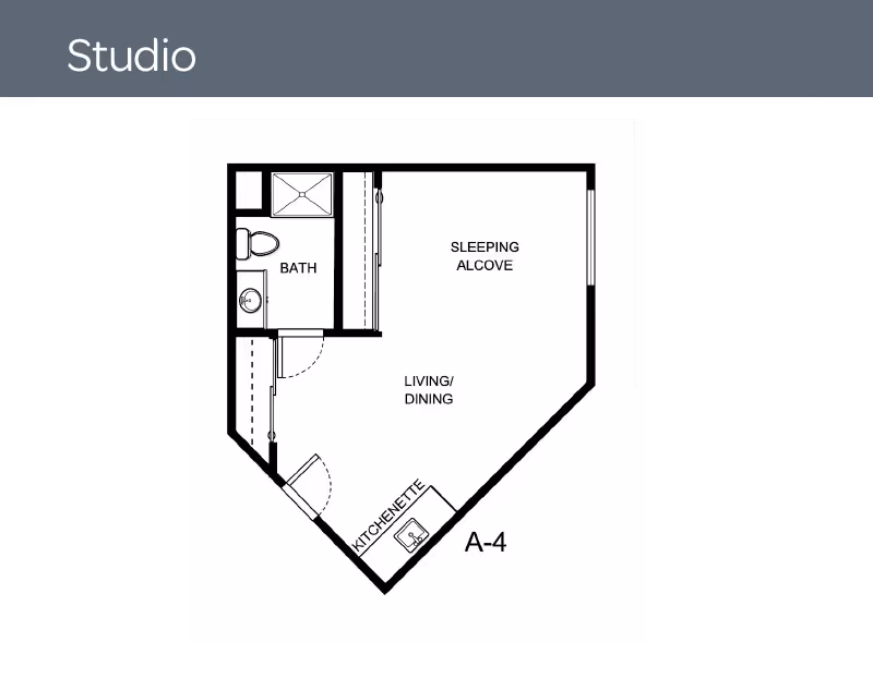 Architectural floor plan of a studio apartment labeled A-4 at Hilltop Estates. The layout includes a sleeping alcove, living/dining area, kitchenette with a sink, and a bathroom with a toilet, sink, and shower.