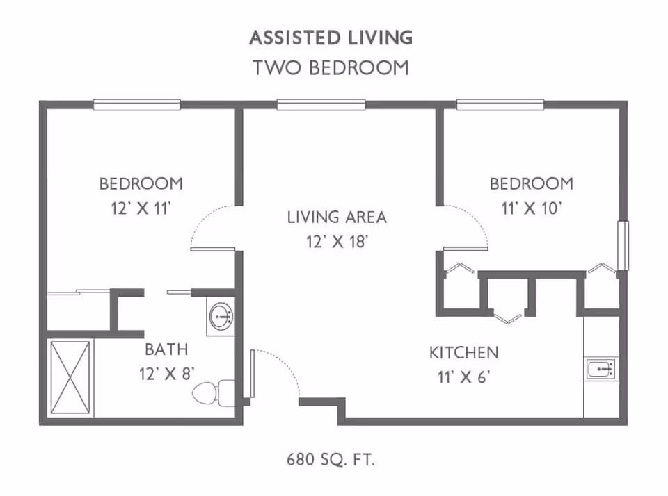 Floor plan for an assisted living two-bedroom unit showing a living area measuring 12 by 18 feet, a bedroom measuring 12 by 11 feet, a second bedroom measuring 11 by 10 feet, a kitchen measuring 11 by 6 feet, and a bathroom measuring 12 by 8 feet, totaling 680 square feet.