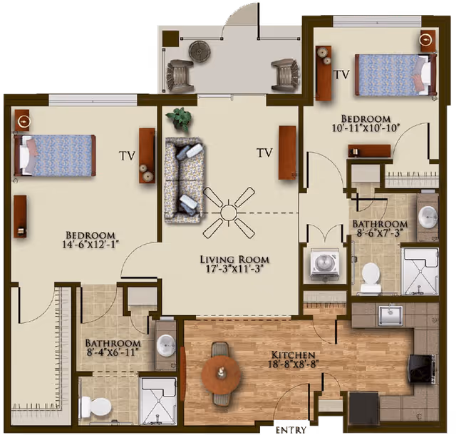 Floor plan of a senior living apartment at Harmony at Oakbrooke showing two bedrooms, two bathrooms, a living room, and a kitchen. The living room has a sofa, two TVs, and a ceiling fan. Each bedroom has a bed, nightstand, and TV. The kitchen includes a dining table with chairs, a sink, stove, and refrigerator. Bathrooms have a toilet, sink, and shower. There is an entry area and a small outdoor porch with two chairs.