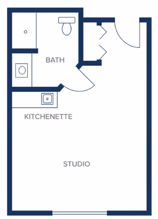 Architectural floor plan of a studio apartment at Summer Breeze Senior Living, showing a combined studio living area, a kitchenette, and a bathroom with a toilet and sink.