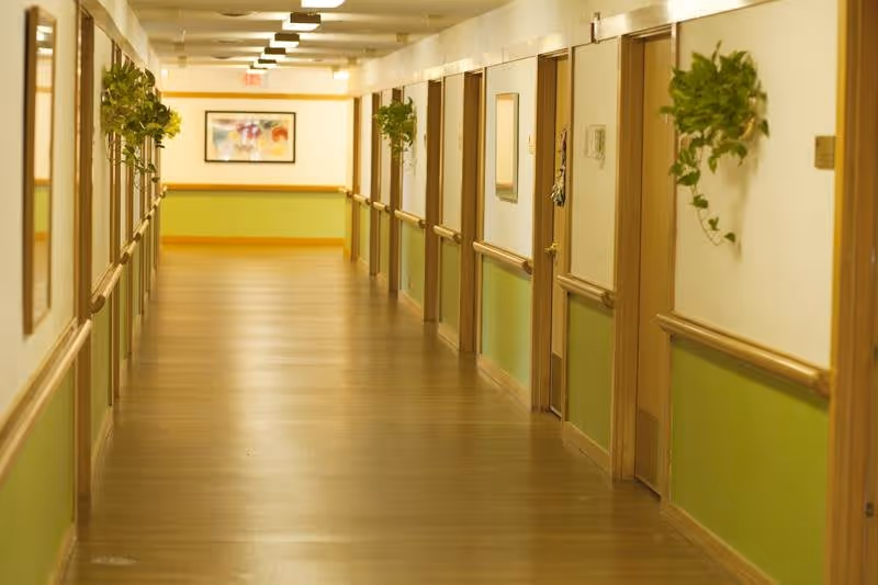 Long interior hallway with wooden floors, doors on both sides, green wainscoting and wall-mounted plants leading to a framed picture at the end.