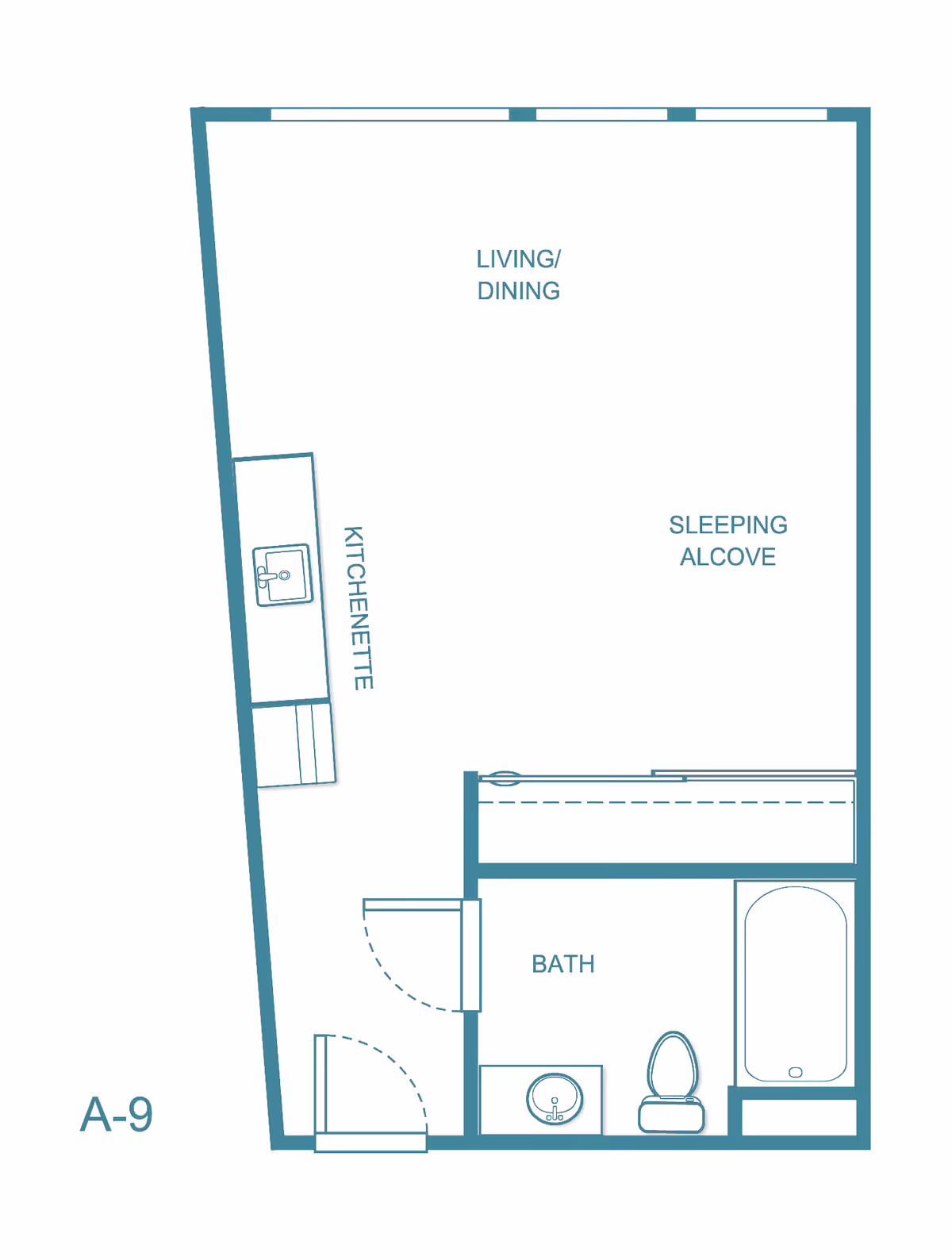 Floor plan of a studio apartment at Truewood by Merrill, Pinole, showing a kitchenette, living/dining area, sleeping alcove, and a bathroom with a sink, toilet, and bathtub.