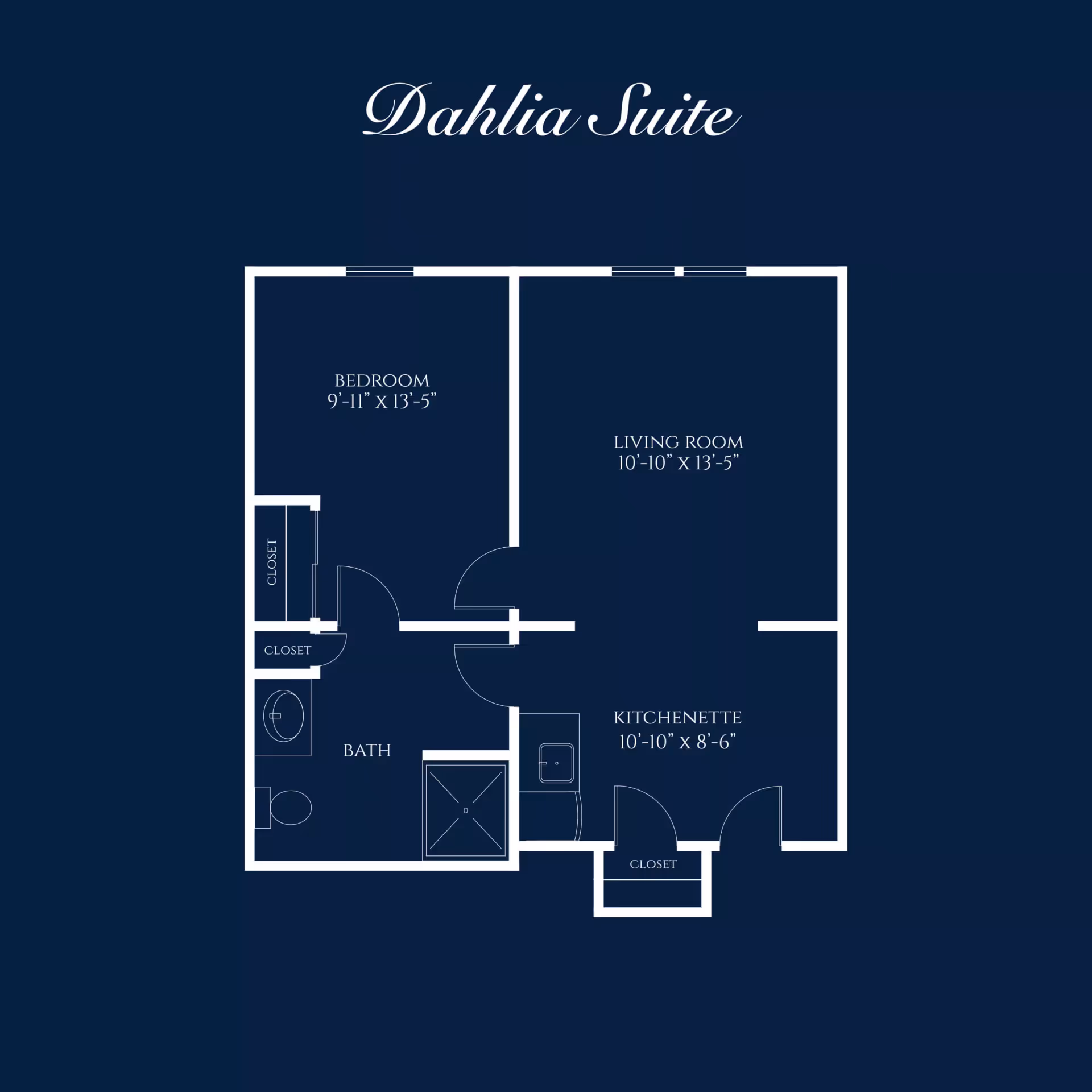 Floor plan of the Dahlia Suite at Ivy Park at San Jose showing a bedroom, living room, kitchenette, bathroom, and closets with dimensions.