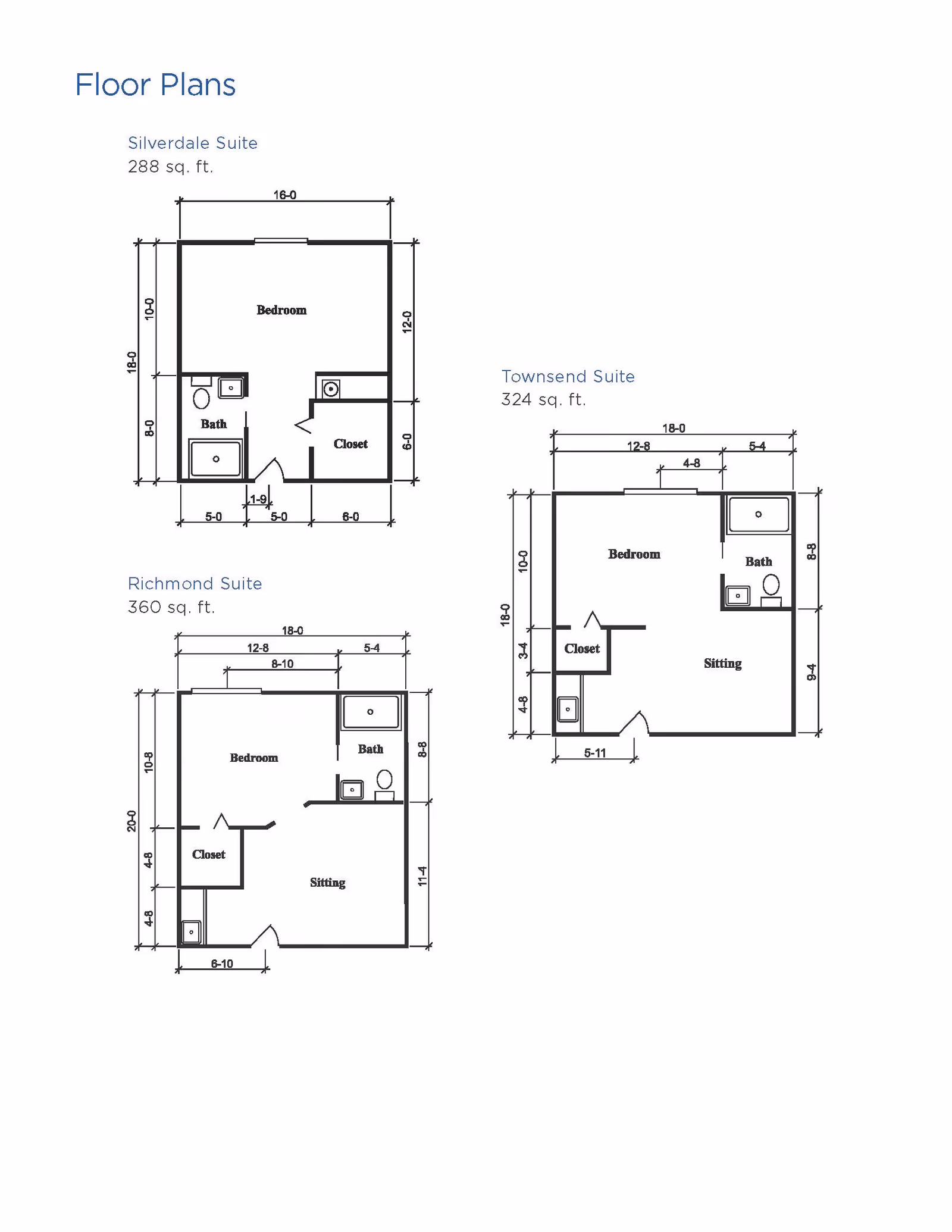 Floor plans for three different suites at Brookdale Richland Hills: Silverdale Suite (288 sq. ft.) with a bedroom, bath, and closet; Townsend Suite (324 sq. ft.) with a bedroom, sitting area, bath, and closet; Richmond Suite (360 sq. ft.) with a bedroom, sitting area, bath, and closet. Each plan includes dimensions for rooms and walls.