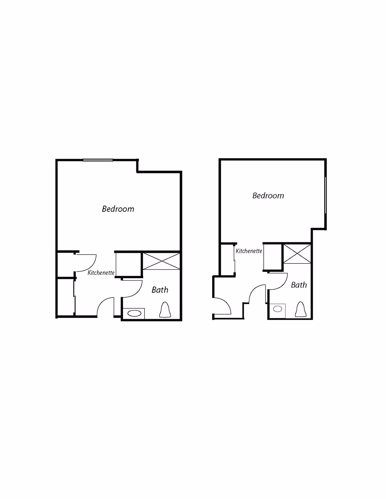 Architectural floor plan showing two similar studio apartment layouts, each with a bedroom, kitchenette, and bathroom.