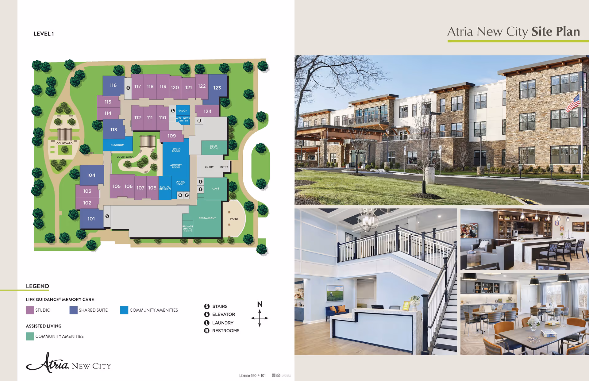 Atria New City site plan showing the layout of Level 1 with labeled rooms including studios, shared suites, community amenities, and assisted living areas. The right side features four images: the exterior front view of the building with stone and white facade, a reception area with a staircase, a lounge area with a bar and seating, and a dining room with tables and chairs.
