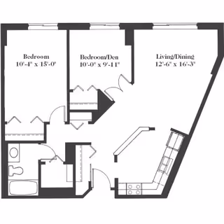 Black and white architectural floor plan of a senior living apartment at Parkshore Senior Campus, showing two bedrooms including one labeled as Bedroom/Den, a combined living and dining area, a kitchen, and a bathroom with bathtub and toilet. Dimensions for each room are provided.