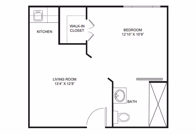 Black-and-white one-bedroom floor plan showing a living room, kitchen, bedroom with walk-in closet, and a bathroom.
