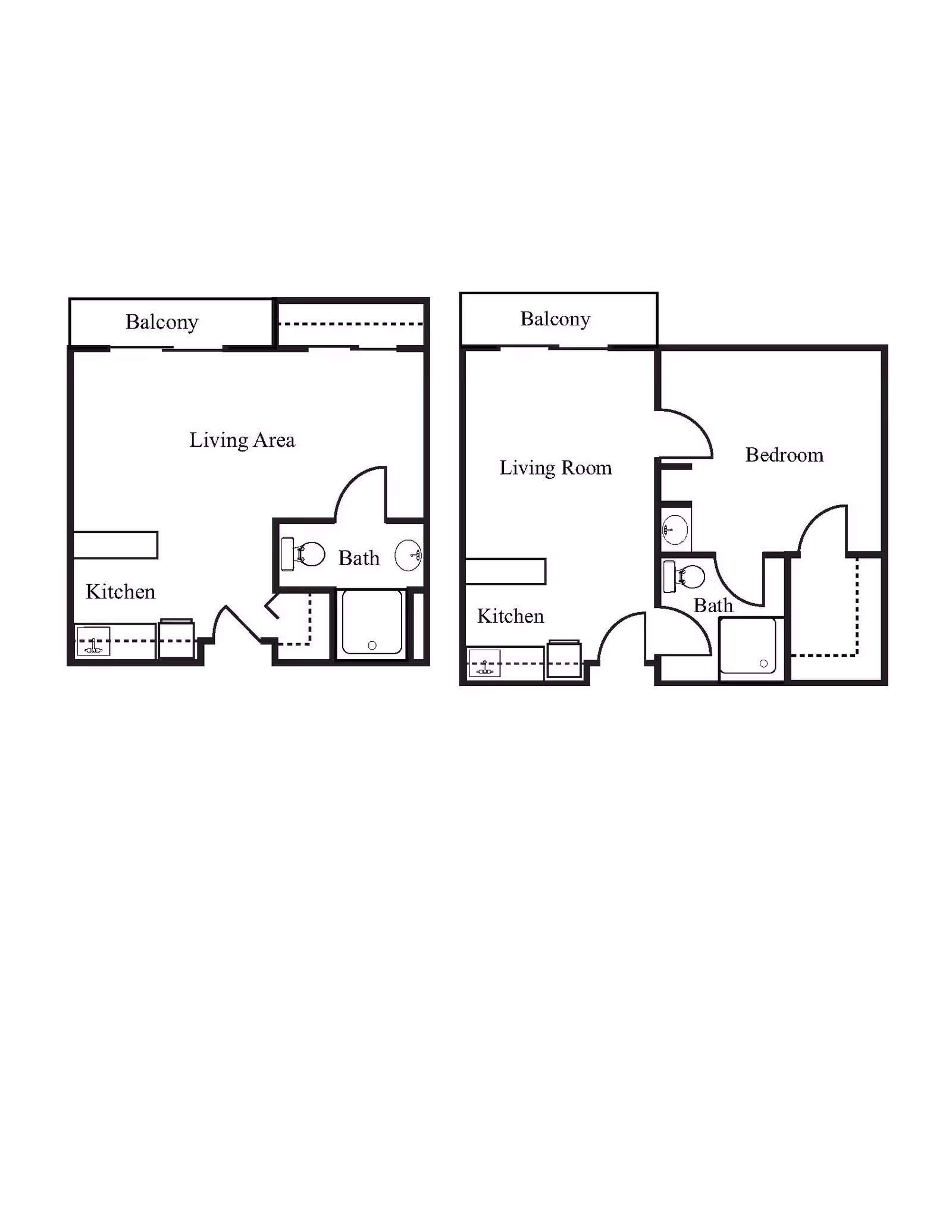 Architectural floor plan showing two apartment layouts. Each layout includes a balcony, living area or living room, kitchen, bathroom, and one layout includes a bedroom.