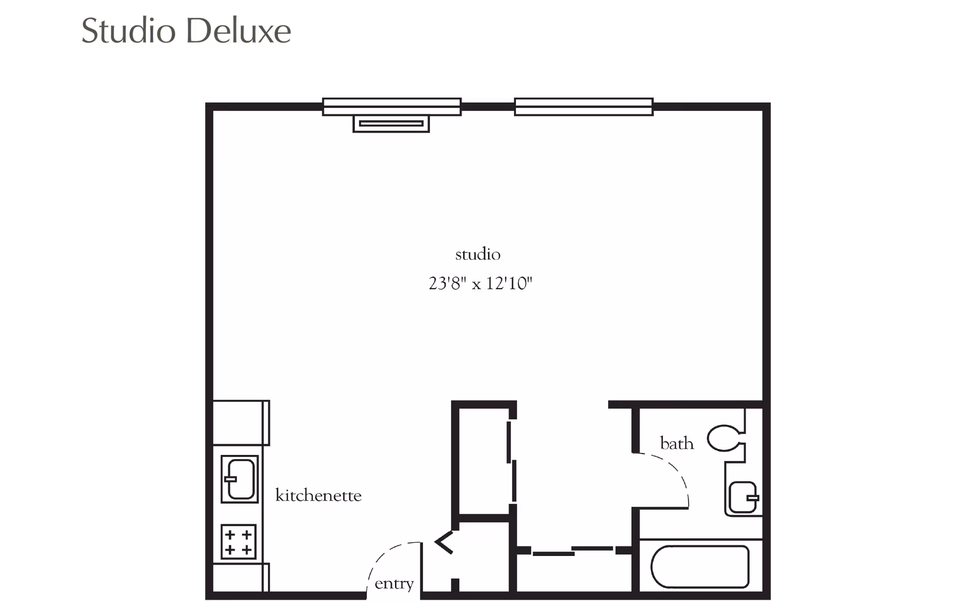 Black-and-white floor plan titled "Studio Deluxe" showing a 23'8" x 12'10" studio with a kitchenette, entry, and bathroom.