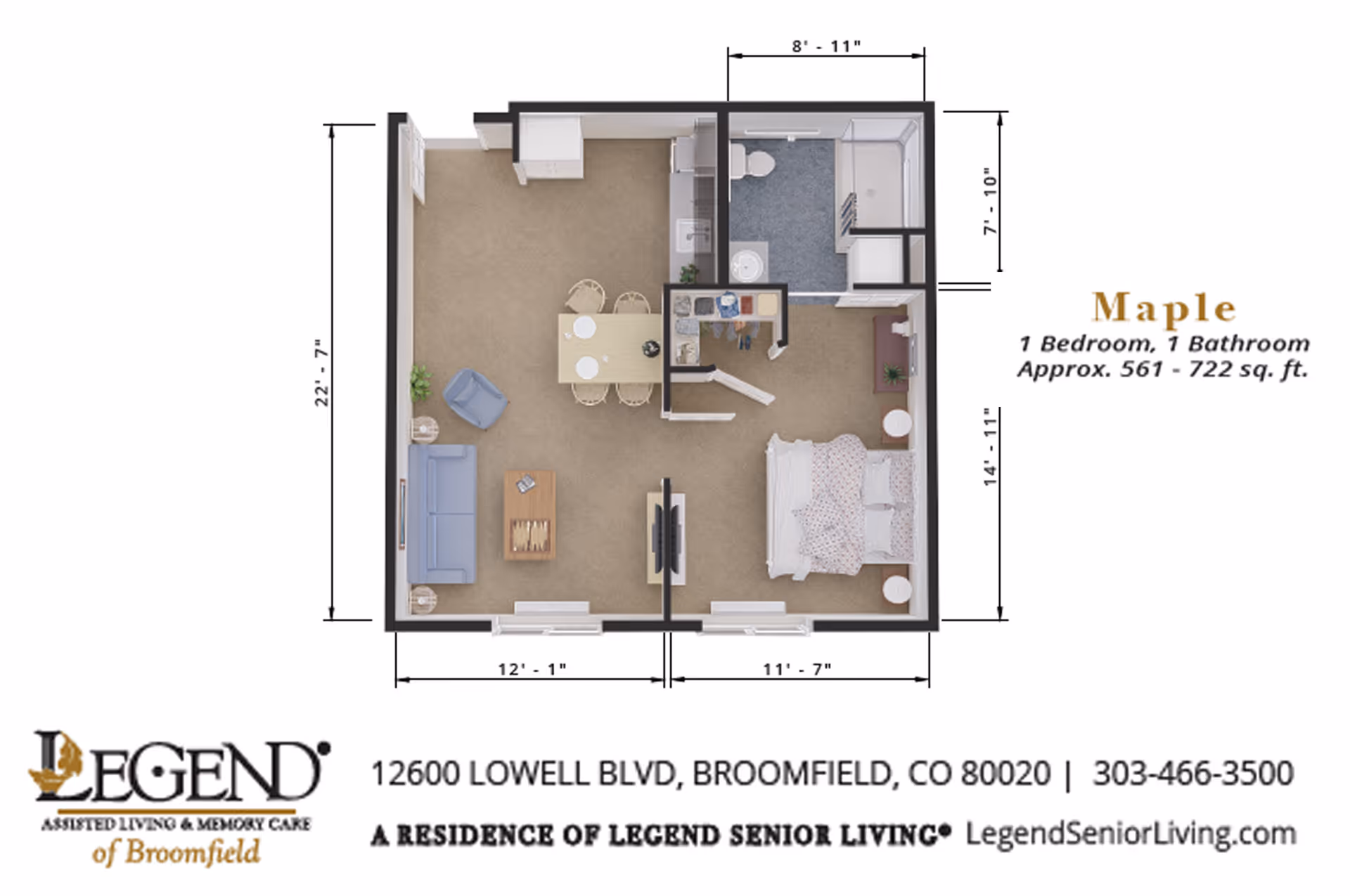 Top-down labeled floor plan of the 'Maple' one-bedroom, one-bath apartment showing living room, dining/kitchen area, bedroom and bathroom with Legend of Broomfield branding.
