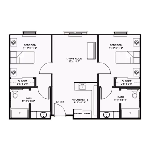 Floor plan of a living space at Franklin Park Boerne showing two bedrooms, each with a closet and bathroom, a central living room, and a kitchenette near the entry.