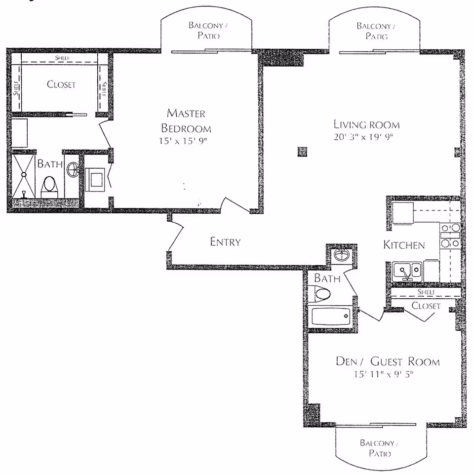 Architectural floor plan of a senior living apartment at Kingswood Senior Living Community showing a master bedroom with closet and bath, living room, kitchen, den/guest room with closet, two bathrooms, entry, and three balcony/patio areas.