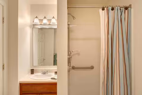Bathroom with a sink and vanity on the left side, a mirror above the sink with three light fixtures, and a shower with a striped shower curtain on the right side. The shower has a grab bar installed on the wall.