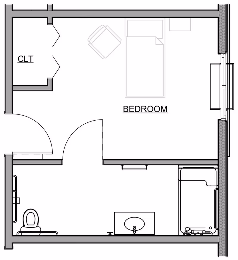 Architectural floor plan of a small living unit at Mckenzie Manor Memory Care, showing a bedroom with a bed and chair, a closet labeled 'CLT', and an adjoining bathroom with a toilet, sink, and bathtub.