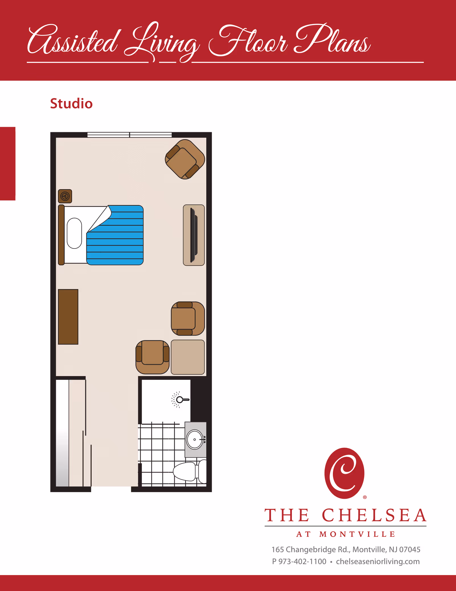 Floor plan of a studio assisted living apartment showing a combined living and sleeping area with a bed, three chairs, a TV, a dresser, a closet, and a bathroom with a toilet and sink.